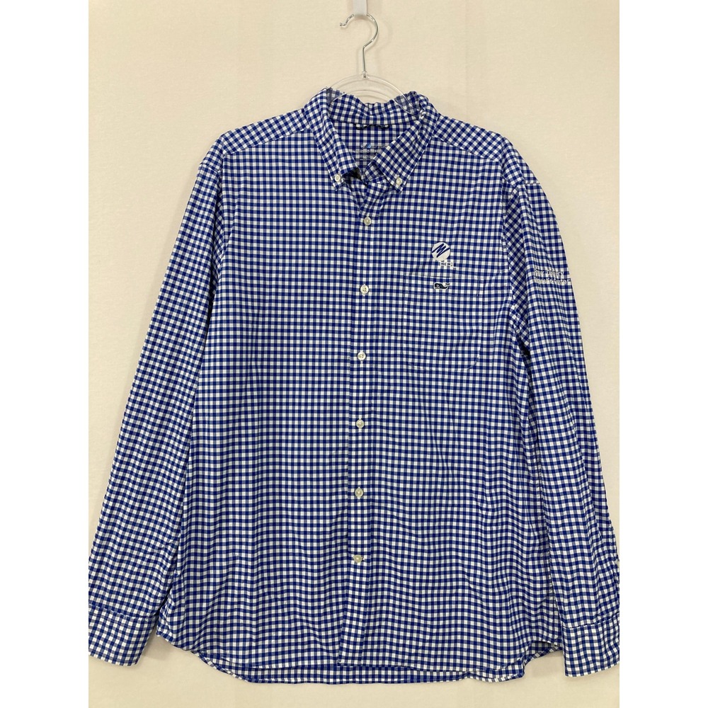 Vineyard Vines Performance Shirt Large Blue Gingham Embroidered Stretch Preppy